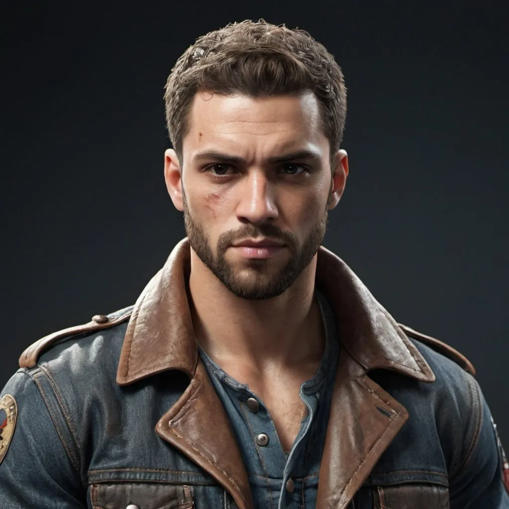 Prompt: A muscular light skinned man with medium length hair, a short beard, and a scar across the face from battle. Wearing an aviator's jacket and jeans