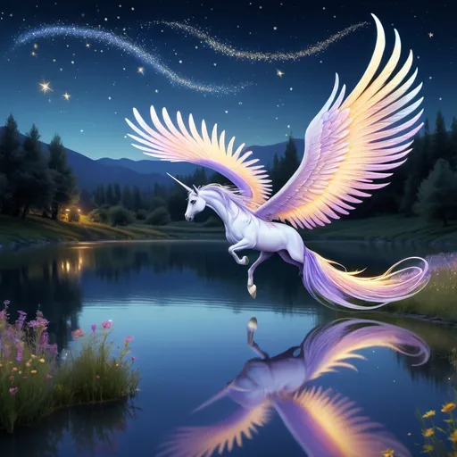 Prompt: Phoenix flying with Alicorn standing gracefully by a serene lake, illuminated by (silver moonlight), in a stunning meadow filled with wildflowers, (periwinkle mane and tail), capturing youthful elegance. Night sky adorned with stars, tranquil atmosphere, soft ripples in the water’s reflection, warm gentle breeze. High quality, (ultra-detailed), enchanting and magical environment, (dreamlike mood), capturing beauty and whimsy.
