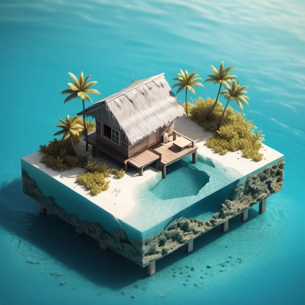 Prompt: miniature isometric world render, a hut surrounded by clear water, bahamas, on a table