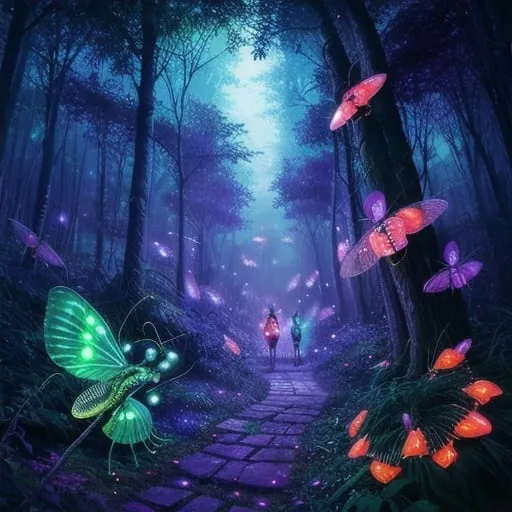 Prompt: <mymodel>Vibrant digital illustration of a magical forest, glowing fireflies illuminating the lush foliage, surreal neon colors, whimsical creatures hiding among the trees, 4K ultra-detailed, fantasy, surreal, vibrant colors, glowing fireflies, whimsical creatures, neon tones, magical atmosphere, professional, atmospheric lighting
