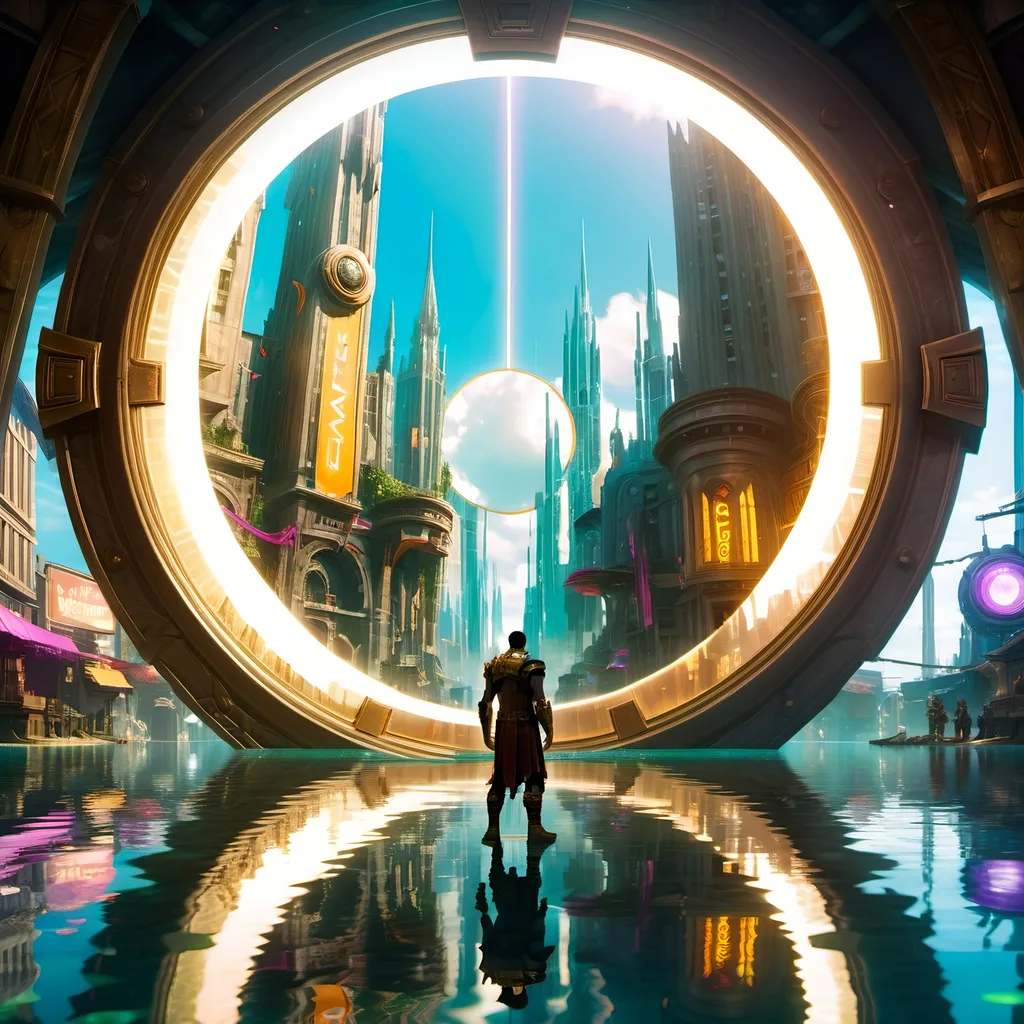 Prompt: a painting of a city with a large circular mirror in the middle of it's image, and a man standing in the water, Craig Mullins, fantasy art, league of legends concept art, cyberpunk art