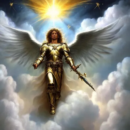 Prompt: A front view of the Archangel Michael leading a large army of Angels through clouds towards the earth. Archangel Michael and the angels are ready for battle. 