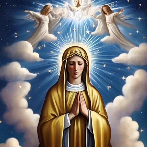 Prompt: The Virgin Mary with the 12 stars shining around her head  kneeling in prayer with the ray of light from the white clouds striking her face from above the clouds.