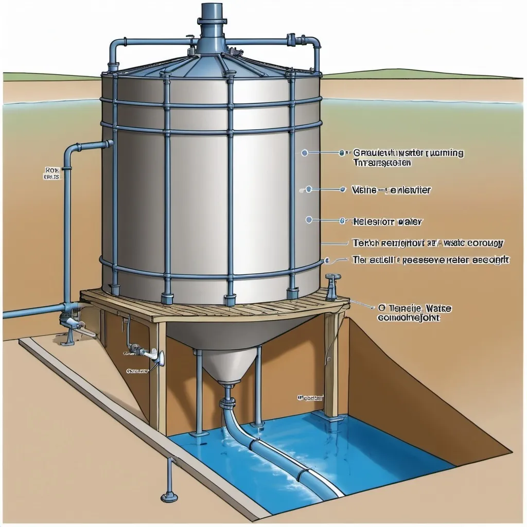 Prompt: 
"Draw a technical diagram on a white background illustrating a water-lifting system using a counterweight, rack and pinion, and a Pelton turbine at the base for energy recovery. The system should include the following components: 

1. **Ground level** with a labeled 'Water Collection Tank' at the bottom left.
2. A **Transport Reservoir** vertically positioned on the right side of the Water Collection Tank, with a pulley and cable system connecting it to a **Counterweight** suspended 2 meters above ground.
3. A vertical **Rack and Pinion mechanism** next to the Transport Reservoir, connected to the Counterweight.
4. At the top, 3 meters above ground, a labeled 'Elevated Reservoir' connected by a slanted pipe (Conduit) descending towards a **Pelton Turbine** located on the ground near the Transport Reservoir.
5. The Pelton Turbine should be represented as a simple wheel with curved buckets.
6. Arrows should indicate the flow of water from the Elevated Reservoir, through the conduit, to the Pelton Turbine, and finally back to the Water Collection Tank. 
7. Clearly label each component and use bold lines to differentiate key parts."