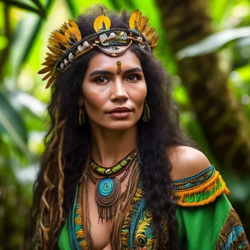 Prompt: amazon woman with beautiful curly hair and kind eyes, shaman healer of the community, surrounded by rainforest plants and animals around her, wearing traditional indigenous clothing from brazil 