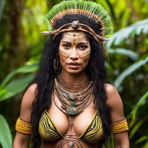 Prompt: amazon woman with curly hair, shaman healer of the community, surrounded by rainforest plants and animals, wearing traditional indigenous clothing from brazil 