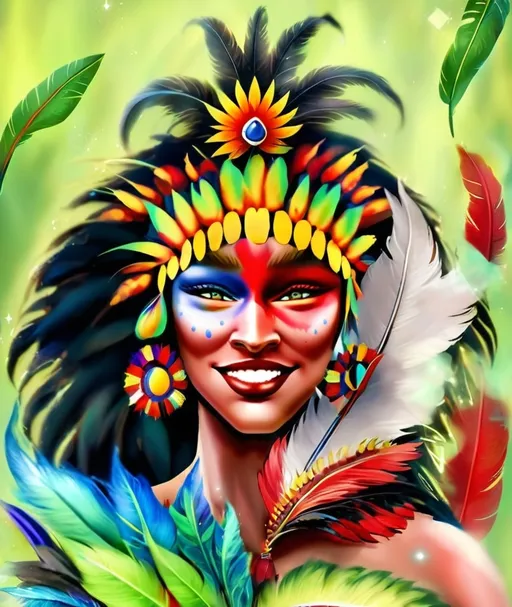 Prompt: crie a imagem do rosto de uma mulher, com um grande cocá de penas com apenas cores vermelhas do lado esquerdo e azuis do lado direito, e maquiagem com sombras nos olhos do lado esquerdo vermela e sobras do lado direito na cor azul, com brilhos verdes que faça alusão a floresta amazônica, uma indigena do brazil