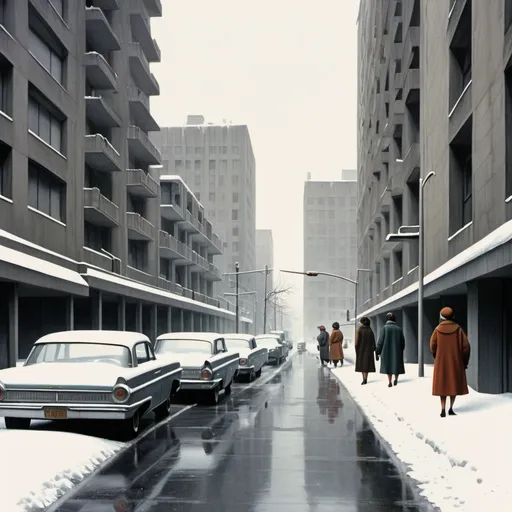 Prompt: a snowy street with cars parked on the side of it and people walking on the sidewalk in the snow, Chica Macnab, brutalism, 1 9 6 0 s, a matte painting