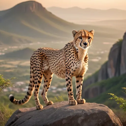 Prompt: Cheetah on Mountain, (majestic) cheetah perched gracefully on a rocky outcrop, stunning mountainous backdrop, vibrant sunset casting dramatic shadows, (highly detailed) fur patterns visible, lush greenery surrounding the rocky terrain, (dynamic) atmosphere filled with a sense of adventure and wilderness, (ultra-detailed) sharp focus on both the cheetah and the expansive landscape, (4K) quality, capturing serene yet wild beauty of nature.