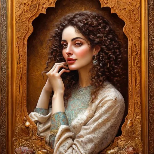 Prompt: Realistic oil painting of a graceful woman with abundant curly hair, indulging in traditional Iranian cuisine and culture, authentic handmade texture, detailed ornate patterns on slippers, vibrant and warm color palette, natural lighting, high quality, realistic, Iranian cultural scene, traditional cuisine, ornate patterns, handmade, vibrant colors, natural lighting, detailed textures, professional