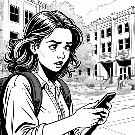 Prompt: (2D line art comic book style), storyboard cell, (college student), browsing eBay on a smartphone, confusion evident in expression, a warning message pops up on the screen, whimsical background detail of a college campus, high detail, vibrant visuals, dynamic composition, storytelling elements, expressive style, engaging ambiance, (radiating energy of surprise).