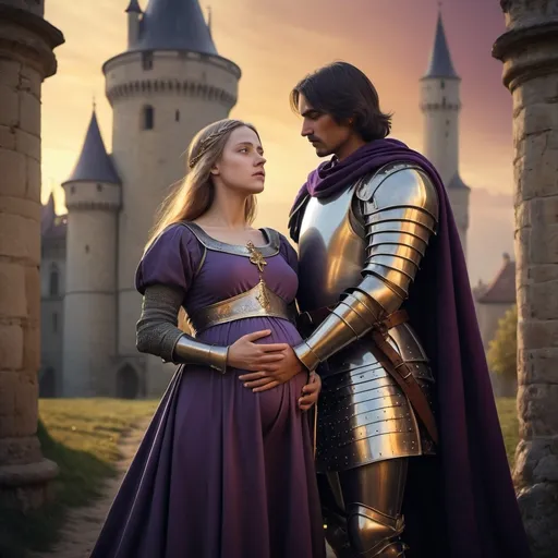 Prompt: (Pregnant Jeanne d'Arc and Sergio Michael de Mello), medieval setting, magnificent castle, intricate armor and flowing robes, ancient landscape background, serene and inspiring atmosphere, exquisite details, twilight sky with hues of deep purple and gold, fabric textures and metallic gleams, 4K, ultra-detailed, dramatic lighting, masterful composition, epic historical scene, high depth cinematic colors, soft ethereal glow, warm tones, emotionally poignant and reverent mood.