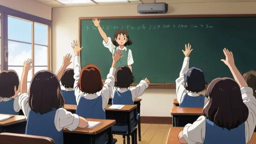 Prompt: 2d studio ghibli anime style,An English teacher is teaching in a classroom where all students sitting there is raising their hands., anime scene