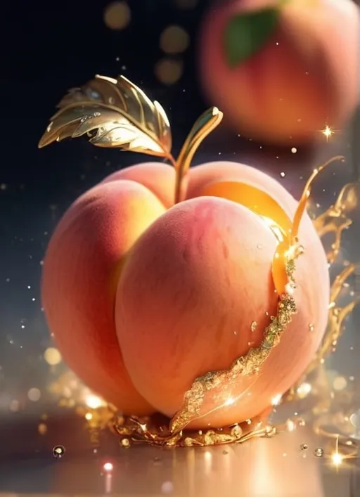 Prompt: generate an image of a fruit called peach , I just need one peach fruit and add magical things on it such as sparkle and gold
