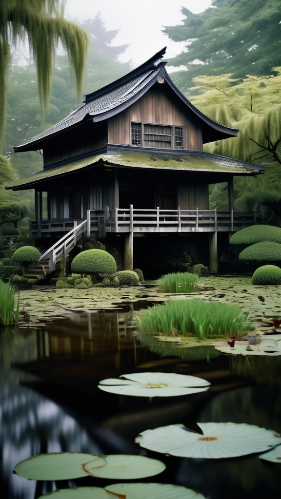 Prompt: "A misty and eerie old wooden house with broken windows, moss-covered bridges, and a murky pond. The house looks abandoned, surrounded by overgrown plants and water lilies. Add a samurai standing on one of the bridges, wearing traditional aikido clothing. The samurai has a calm stance, with a katana sheathed at his side. The scene should be mysterious, with a foggy, mystical atmosphere."hyper realistik