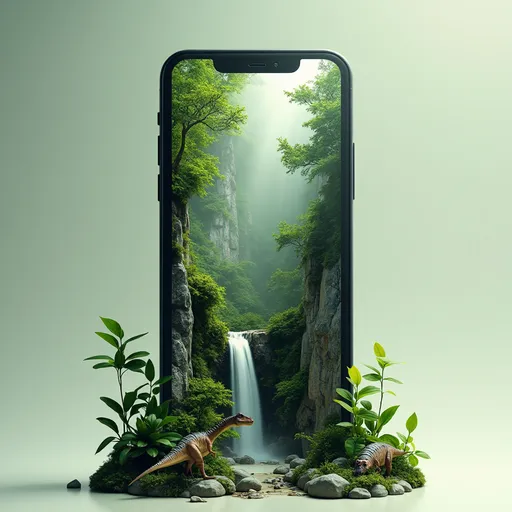 Prompt: Prompt: "A sleek modern smartphone with a jungle scene and miniature fantasy dinosaurs emerges from the screen. The jungle features lush green trees, rocky cliffs, and a small waterfall cascading down, surrounded by mist. The phone stands tall against a simple gradient background, with soft natural light highlighting the details of the jungle. The overall composition combines technology and nature, creating a surreal and harmonious balance.
in this prompt the results may vary depending on the platform you are working on