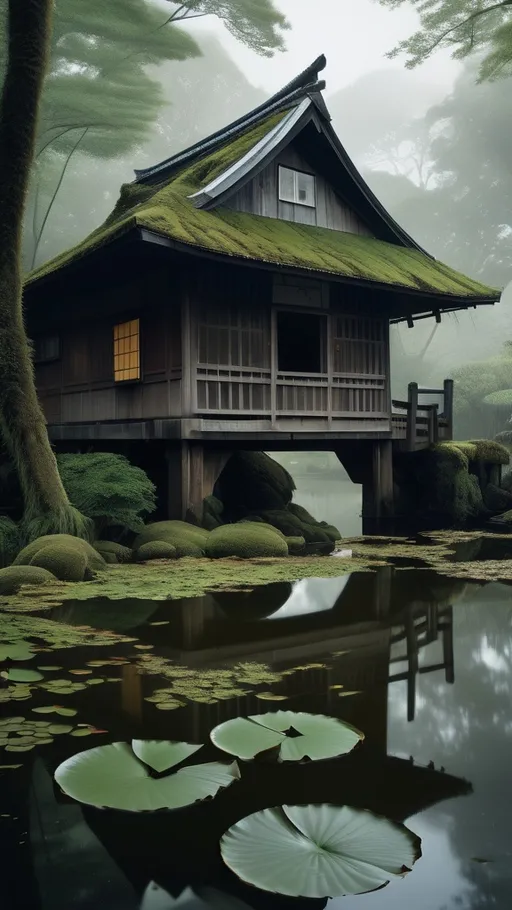 Prompt: "A misty and eerie old wooden house with broken windows, moss-covered bridges, and a murky pond. The house looks abandoned, surrounded by overgrown plants and water lilies. Add a samurai standing on one of the bridges, wearing traditional aikido clothing. The samurai has a calm stance, with a katana sheathed at his side. The scene should be mysterious, with a foggy, mystical atmosphere."hyper realistik