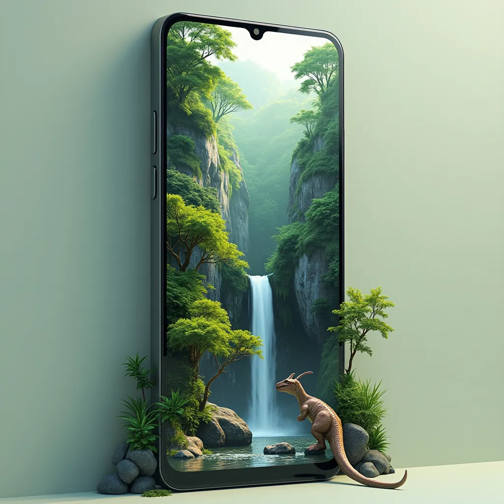 Prompt: Prompt: "A sleek modern smartphone with a jungle scene and miniature fantasy dinosaurs emerges from the screen. The jungle features lush green trees, rocky cliffs, and a small waterfall cascading down, surrounded by mist. The phone stands tall against a simple gradient background, with soft natural light highlighting the details of the jungle. The overall composition combines technology and nature, creating a surreal and harmonious balance.
in this prompt the results may vary depending on the platform you are working on