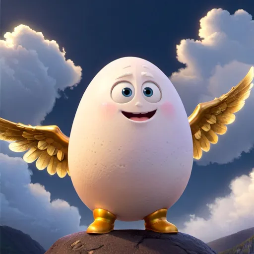 Prompt: a white egg have the golden wings in the clouds,smile,light