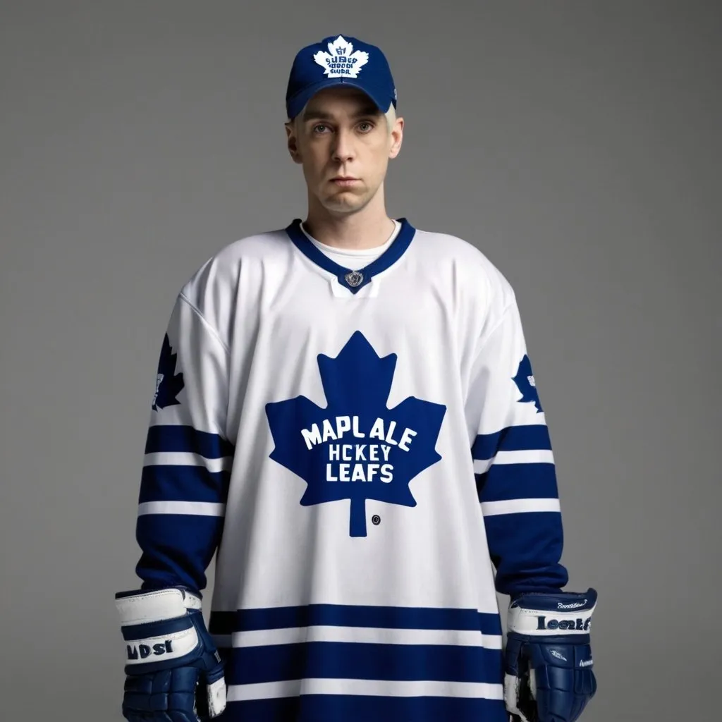 Prompt: Marshall Mathers wearing a maple leafs hockey jersey