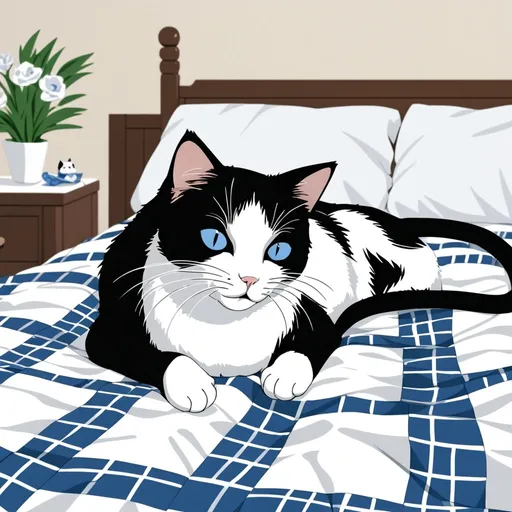 Prompt: Black and white cat lying on a bed with a blue and white quilt in a cozy bedroom 