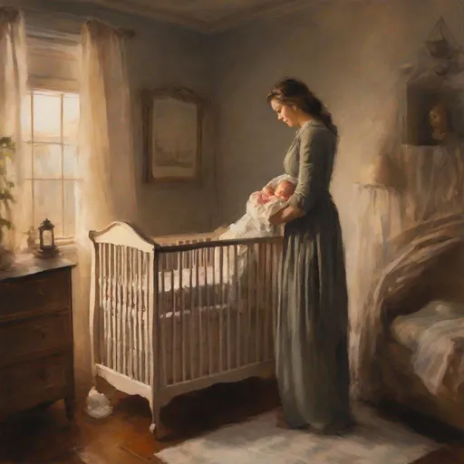 Prompt: Woman standing outside of crib is gazing down at her baby in his crib in a cozy bedroom oil paint head shoulders woman Visible strokes,rough edges,muted colors.Warm lighting neutral backdrop