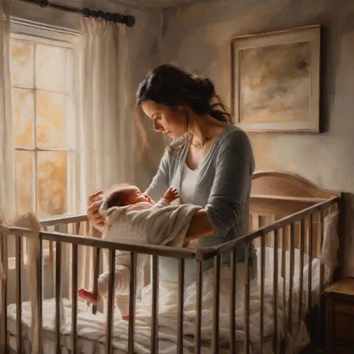 Prompt: Woman gazing down at her baby in his crib in a cozy bedroom oil paint head shoulders woman Visible strokes,rough edges,muted colors.Warm lighting neutral backdrop