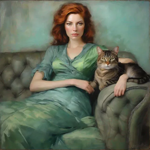 Prompt: Auburn haired woman with beautiful eyes wearing a green dress with a grey tabby cat sleeping on her lap as she sits on a light blue couch oil paint head shoulders woman Visible strokes,rough edges,muted colors.Warm lighting neutral backdrop