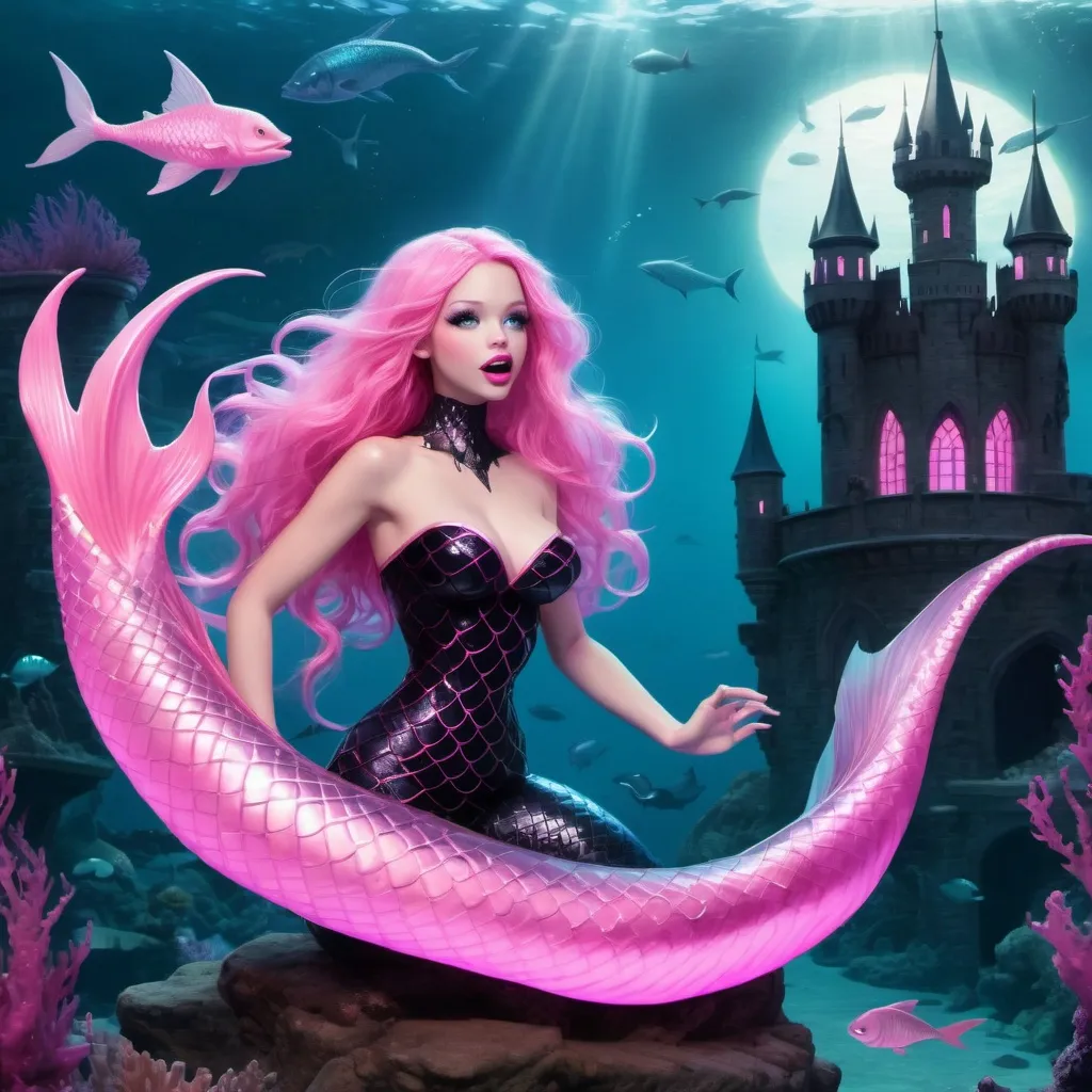 Prompt: a beautiful and dangerous siren mermaid that is pink and black and is under the ocean with it's pink eyes glowing and is singing with a big castle in the background behind her.