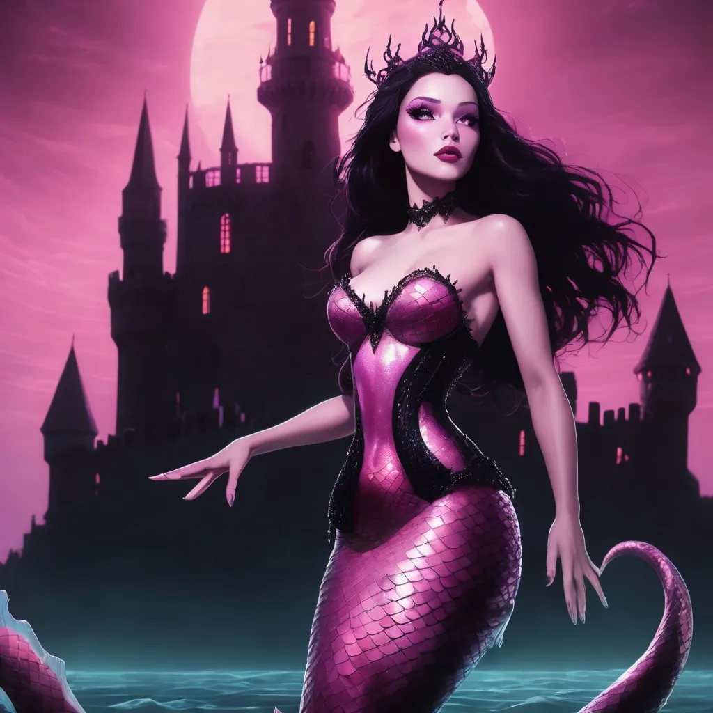 Prompt: a beautiful and dangerous siren mermaid that is pink and black and is under the ocean with it's pink eyes glowing and is singing with a big castle in the background behind her.