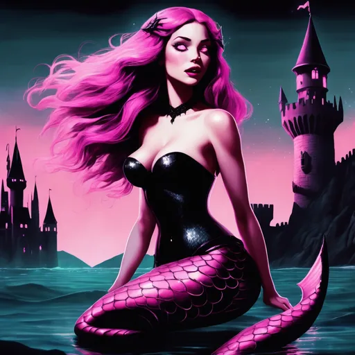 Prompt: a beautiful and dangerous siren mermaid that is pink and black and is under the ocean with it's pink eyes glowing and is singing with a big castle in the background behind her.