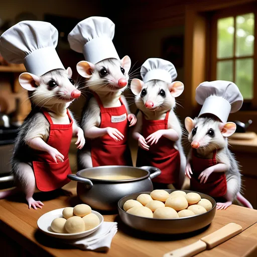 Prompt: "Imagine a charming woodland kitchen where a group of opossums, dressed in tiny aprons and chef hats, are preparing a feast. One opossum stirs a bubbling pot of stew while another slices vegetables with surprising precision. There’s a team of opossums rolling out dough for homemade bread, their tiny paws working together. The countertops are filled with rustic wooden bowls, fresh herbs, and ingredients sourced straight from the forest. In the background, a wise old opossum with glasses stands on a stool, reading from a giant, well-worn cookbook with faded recipes. Capture the warmth and creativity of these critters as they whip up a delightful woodland feast, with recipes that mix traditional cooking methods and wild, foraged ingredients."