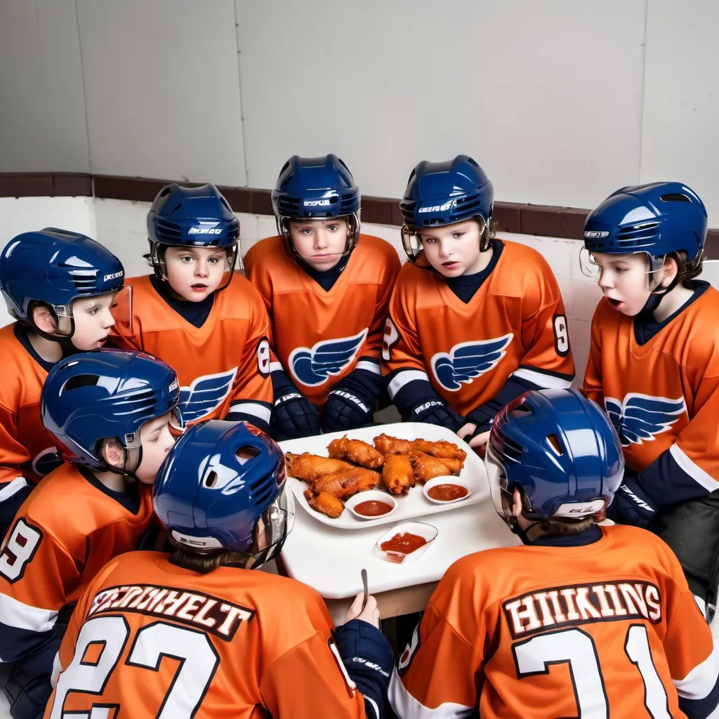 Prompt: youth hockey team in uniforms photo eating hot wings