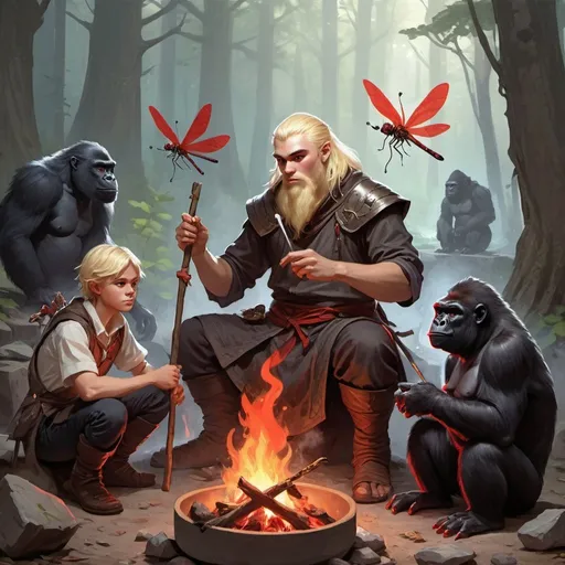 Prompt: dungeons and dragons fantasy art adolescent shorthaired blond male human wizard cooking at a campfire druidic staff at his side, with one tiny red dragonfly familiar and one gorilla familiar