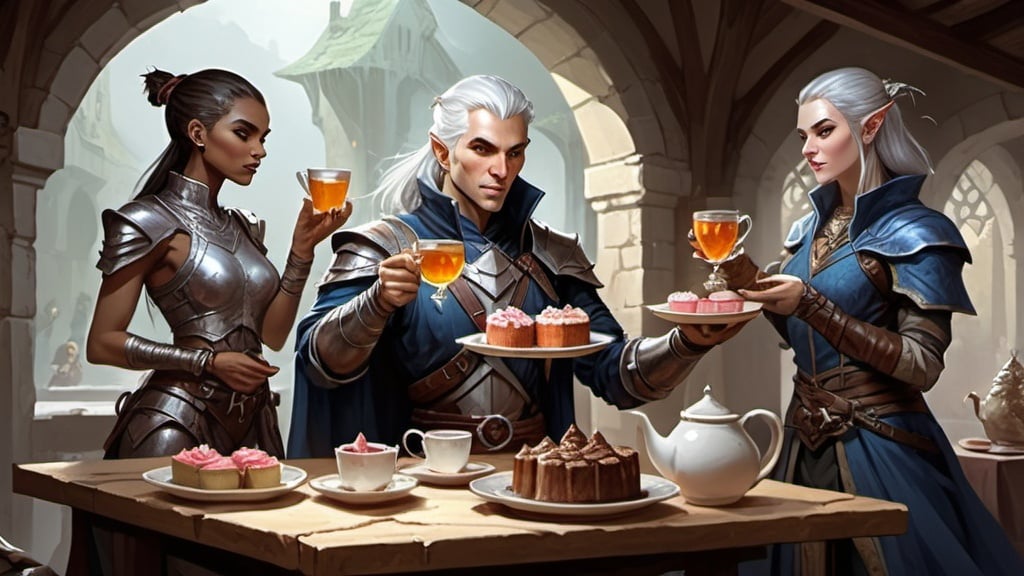 Prompt: dungeons and dragons fantasy art A silver-haired plain dressed woman serving tea and cake to a human sorcerer, a human paladin with a snakehead, elf fighter and a female bard