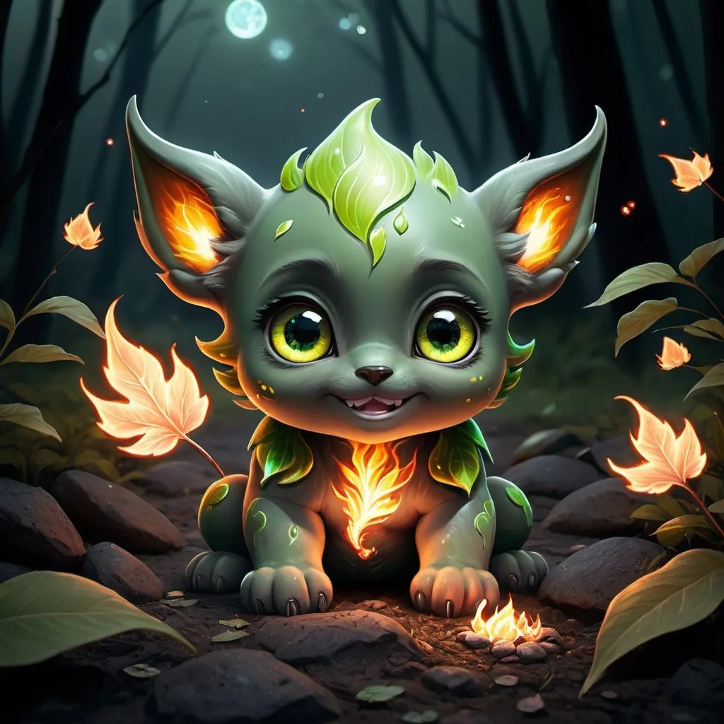 Prompt: A hyper-realistic digital artwork of an adorable cute Fire Elemental lying on the ground, looking directly at the viewer with big and black, expressive eyes. The Fire Elemental looks happy with tiny fireflies under a dimly lit night sky. Sakura leaves gently fall around it, adding to the magical, serene atmosphere. The scene is set on a rough textured surface that resembles the wood. The color palette is dominated by shades of green and grey, emphasizing a chilly, enchanting ambiance 