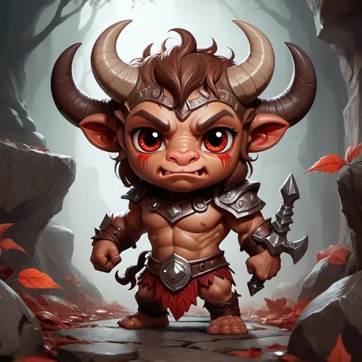 Prompt: dungeons and dragons fantasy art A hyper-realistic digital artwork of an adorable cute minotaur chibi looking directly at the viewer with big and red, expressive eyes. The Minotaur is muscular and extremely detailed in a dimly lit labyrinth. Leaves gently fall around it, adding to the magical, serene atmosphere. The scene is set on a rough textured surface that resembles the stone. The color palette is dominated by shades of red and brown, emphasizing a chilly, enchanting ambiance