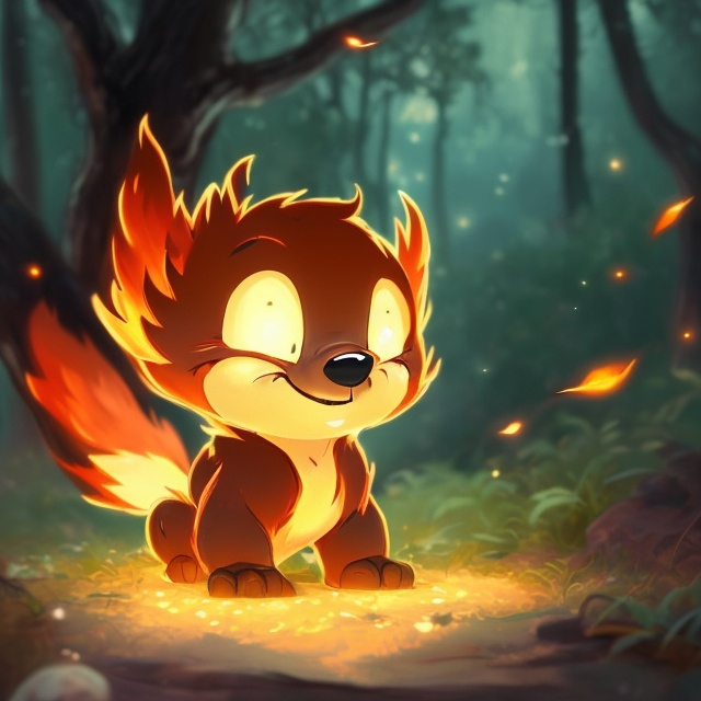 Prompt: Disney-style illustration A hyper-realistic digital artwork of an adorable cute Fire Elemental lying on the ground, looking directly at the viewer with big and black, expressive eyes. The Fire Elemental looks happy with tiny fireflies under a dimly lit night sky. Sakura leaves gently fall around it, adding to the magical, serene atmosphere. The scene is set on a rough textured surface that resembles the wood. The color palette is dominated by shades of green and grey, emphasizing a chilly, enchanting ambiance 