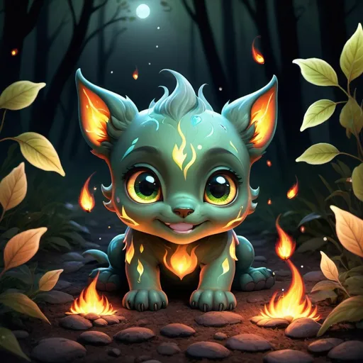 Prompt: A hyper-realistic digital artwork of an adorable cute Fire Elemental lying on the ground, looking directly at the viewer with big and black, expressive eyes. The Fire Elemental looks happy with tiny fireflies under a dimly lit night sky. Sakura leaves gently fall around it, adding to the magical, serene atmosphere. The scene is set on a rough textured surface that resembles the wood. The color palette is dominated by shades of green and grey, emphasizing a chilly, enchanting ambiance 