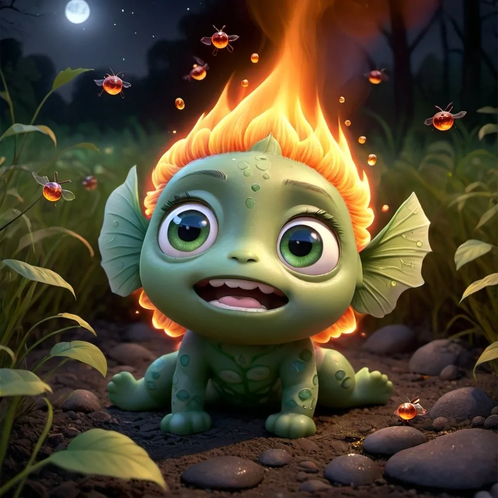 Prompt: A hyper-realistic digital artwork of an adorable cute Fire Elemental lying on the ground, looking directly at the viewer with big and black, expressive eyes. The Fire Elemental looks happy with tiny fireflies under a dimly lit night sky. Sakura leaves gently fall around it, adding to the magical, serene atmosphere. The scene is set on a rough textured surface that resembles the wood. The color palette is dominated by shades of green and grey, emphasizing a chilly, enchanting ambiance 