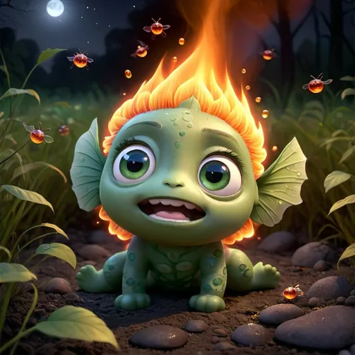 Prompt: A hyper-realistic digital artwork of an adorable cute Fire Elemental lying on the ground, looking directly at the viewer with big and black, expressive eyes. The Fire Elemental looks happy with tiny fireflies under a dimly lit night sky. Sakura leaves gently fall around it, adding to the magical, serene atmosphere. The scene is set on a rough textured surface that resembles the wood. The color palette is dominated by shades of green and grey, emphasizing a chilly, enchanting ambiance 