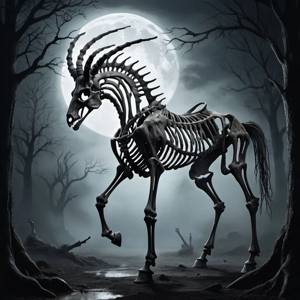 Prompt: A skeleton horse with ten legs and four horns

