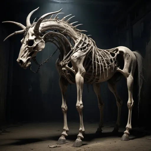 Prompt: A horse with ten legs and four horns. Parts of it's skeleton is showing and its body is decaying. it looks grotesque. it looks like a nightmare 

