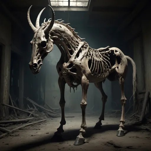 Prompt: A horse with ten legs and four horns. Parts of it's skeleton is showing and its body is decaying. it looks grotesque. it looks like a nightmare 

