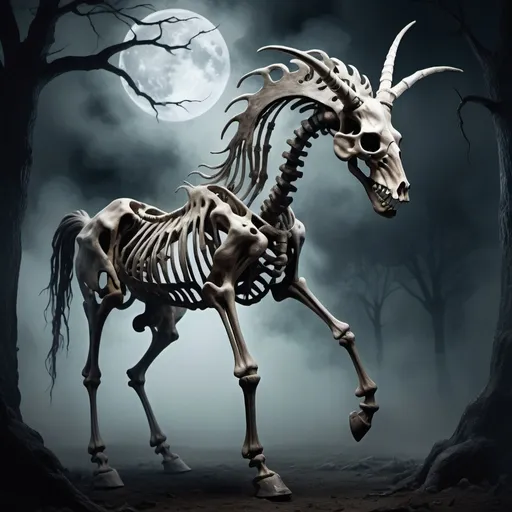 Prompt: A skeleton horse with ten legs and four horns

