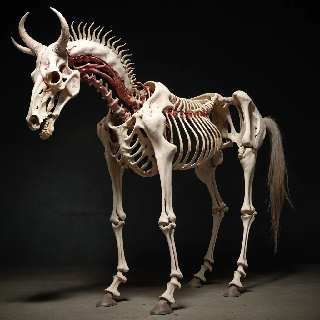 Prompt: A horse with ten legs and four horns. Parts of it's skeleton is showing and its body is decaying. it looks grotesque. it looks like a nightmare. it looks bloodied 

