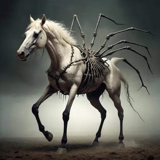 Prompt: a nightmare ten legged horse 
