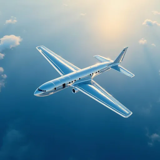 Prompt: Gliding gracefully through a calm expanse of blue sky, a sleek, modern airplane reflects the soft golden light of the setting sun, casting a shimmering aura around its polished surface. The aircraft, with its dynamic design and streamlined shape, showcases wide wings that seem to stretch effortlessly against a backdrop of fluffy, white clouds scattered below. The scene emanates a sense of tranquility and freedom, highlighted by subtle gradients in the sky that suggest dusk is approaching. The overall composition captures both the majesty of flight and the serenity of soaring above the world, evoking a feeling of adventure and exploration.