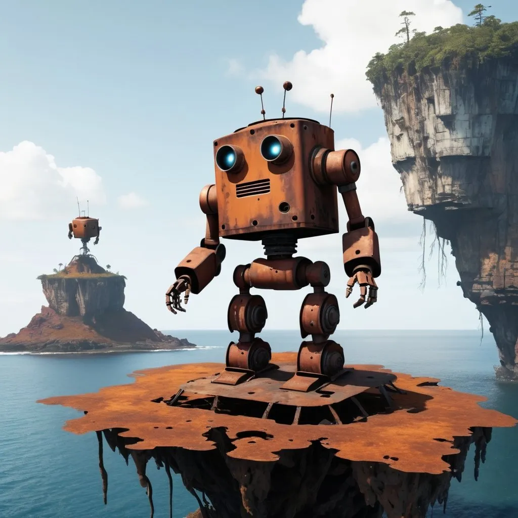 Prompt: a lonely rusty robot sits on a flying island
