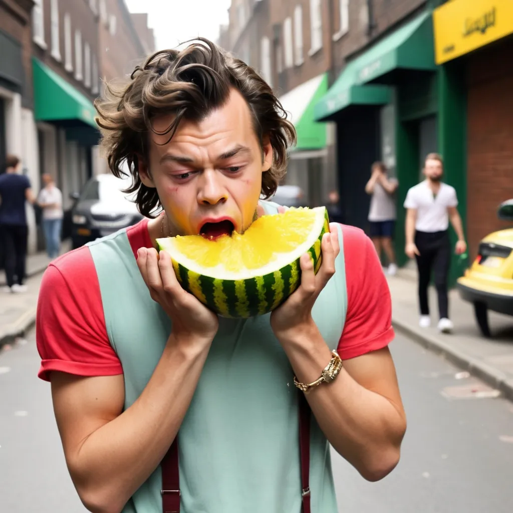 Prompt: Harry Styles have big hands lemon and head crying and singing on street with watermelon 